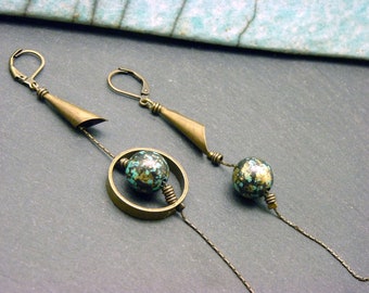 Asymmetrical earrings, bronze and blue, COSMOS wood metal, clips option