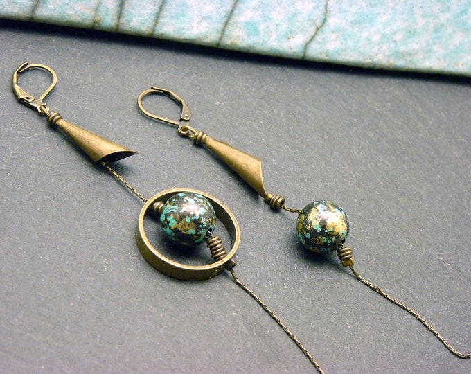 Asymmetrical earrings, bronze and blue, COSMOS wood metal, clips option