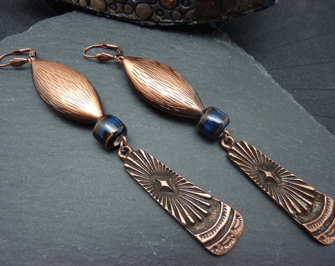 Copper and deep blue earrings, metal, ceramic, metallic resin COPPER SUN clips option