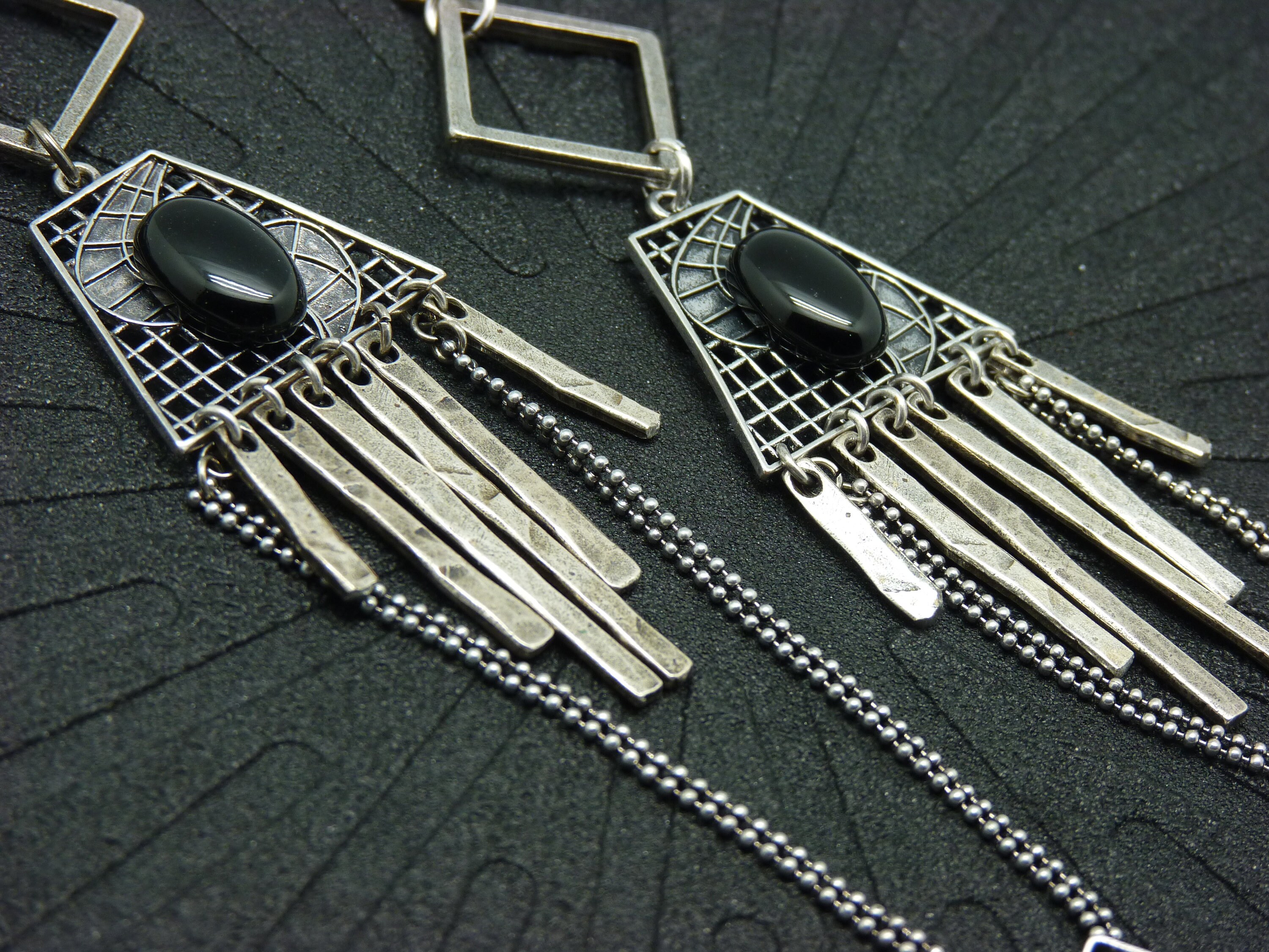 thumbnail image 2 of Handmade Black Onyx Dangle Earrings – Silver Plated Clip-Ons, Modern Drop Style 2 of 6