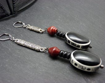 Asymmetrical bone and wood earrings - red, silver, black - ethnic - OSTINE - clip-on option