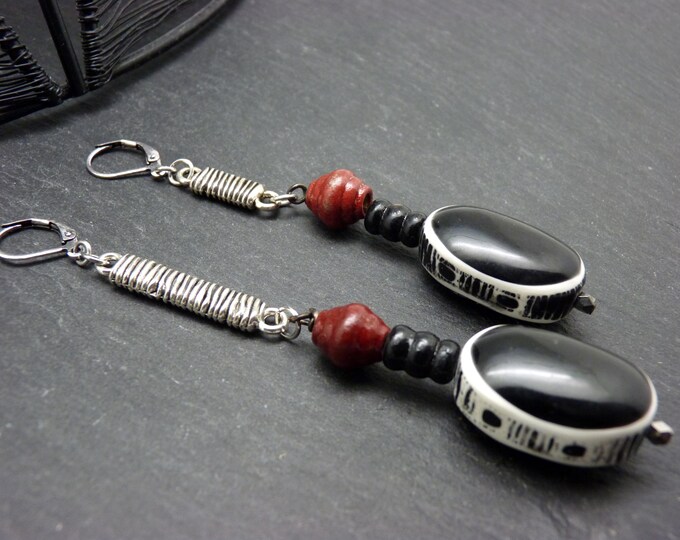 Asymmetrical bone and wood earrings - red, silver, black - ethnic - OSTINE - clip-on option
