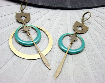 SATURNELLE enameled duck bronze star hoop earrings, asymmetrical or not, your choice of clip option