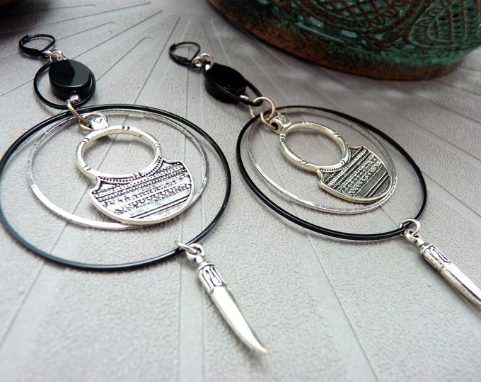 Large ethnic hoop earrings in silver and black metal and black agate stone PATINA clip-on option Best seller