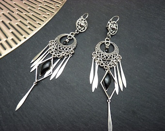ESMERALDITA oriental silver black enamel earrings clips option