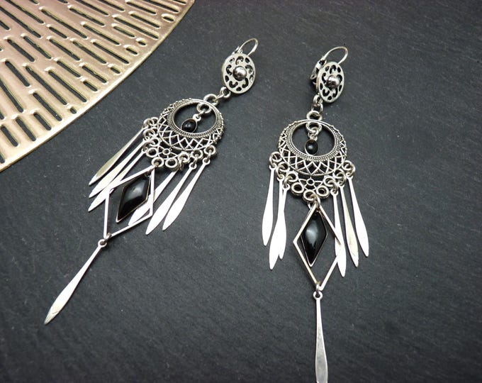 ESMERALDITA oriental silver earrings with black enamel, clip-on option