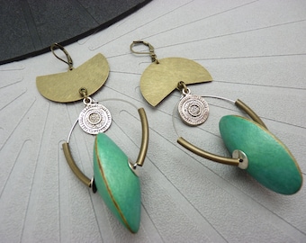 Ethnic asymmetrical earrings light wood green metal silver bronze ZIMBA option clips