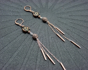 Long earrings, copper and green glass, copper metal, fine DELICATE chains, clip option