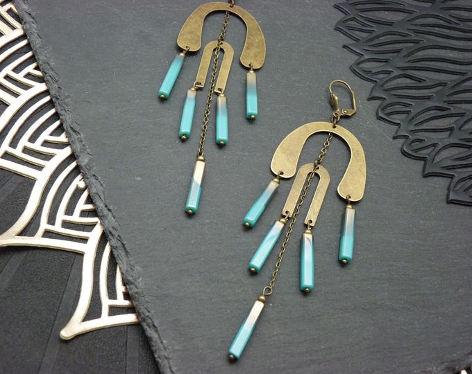 Boucles d'oreilles longues Art Déco Bleues | LEMPICKA | Option Clips et 2 Tailles