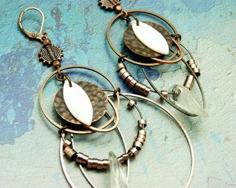 Asymmetrical hoop earrings with quartz stone, copper metal, mother-of-pearl ZOYA clip option