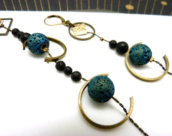 Asymmetrical blue lava stone half-moon bronze earrings - REVEUSES (clip option)