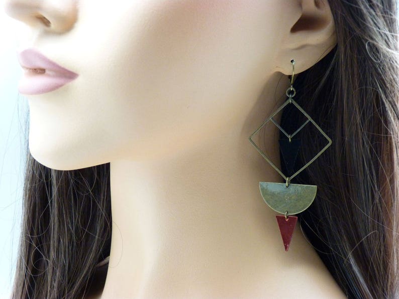 Black and red bronze geometric earrings in graphic metal GEO option Clips Best seller image 2