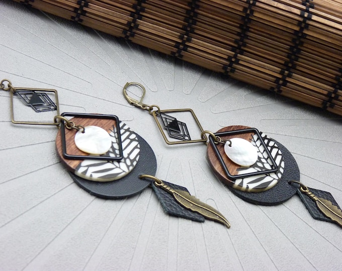 Wood and leather earrings, ribs - ethnic jewelry - TRANSGLOBAL - clip option