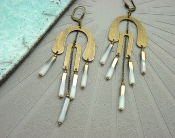 Art deco bronze metal earrings and white and bronze bi-color glass stick LEMPICKA clip option