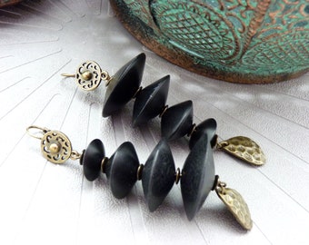 Asymmetrical Black and Bronze Wood Earrings | TOGA | Clip-on Option - KUMKA