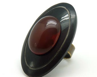 Large red stone ring Carnelian oval black horn, ethnic CORNELA adjustable adjustable