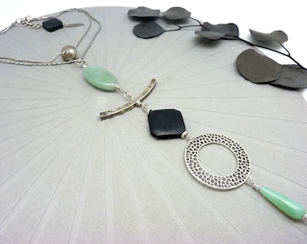 Long necklace, aventurine stone, silver metal tassel, black wood, ethnic ALEGRIA