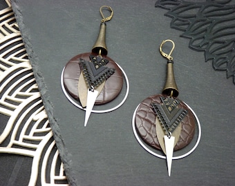Boucles d'oreilles Graphiques & Tribales, cuir marron croco | CIRCUS | Option Clips