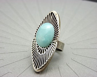 Long light blue amazonite stone silver ring, art deco style OSMOSE AMAZONITE adjustable adjustable