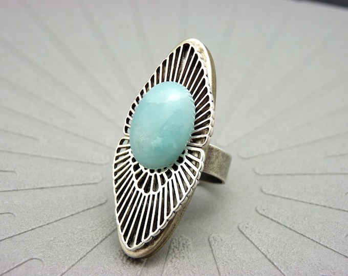 Long silver ring with light blue amazonite stone - art deco - adjustable - OSMOSE AMAZONITE Last item!