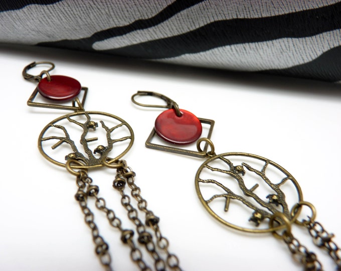 Very long and light earrings in bronze metal and red mother-of-pearl FULL LIFE option Clips