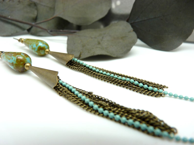 Boucles d/'oreilles longues multi-cha\u00eenes bronze verre turquoise LOUCIYA option Clips