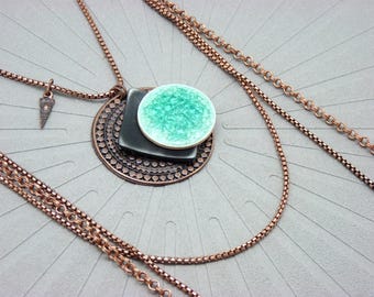 turquoise ceramic pendant necklace, multi-copper chains - PACORINGO - long boho chic necklace