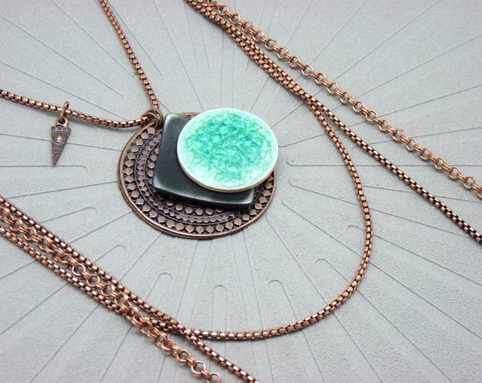 turquoise ceramic pendant necklace, multi-copper chains - PACORINGO - long boho chic necklace