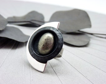 Large half-moon silver ring khaki pyrite stone DEMIMOON adjustable adjustable