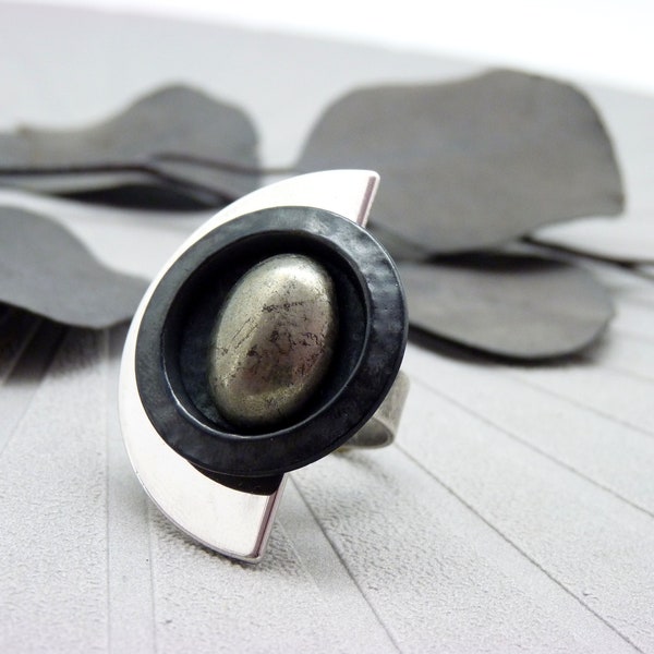 Grosse Bague demi-lune argent pierre kaki pyrite DEMIMOON réglable ajustable