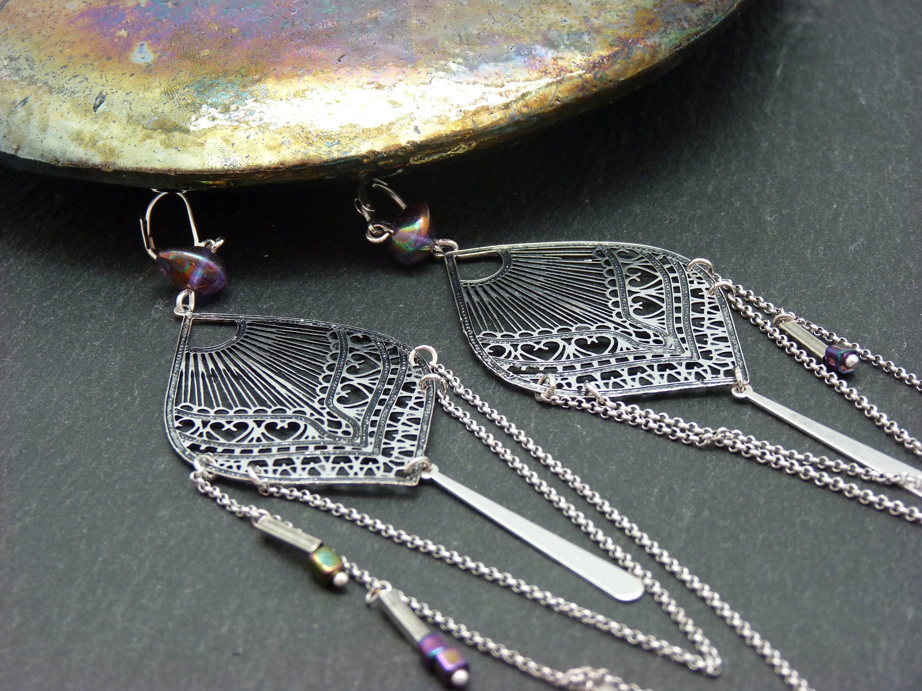 Boucles D'oreilles à Clips En Verre Et Métal Violine - Travail D'artiste - Occasion Bon état