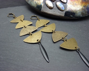 Long ethnic bronze brass metal triangle earrings (asymmetrical of your choice) POKA clip option