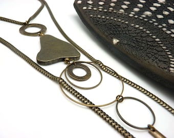 bronze lasso necklace with pyrite stone - long boho chic necklace - PYRITOUZ