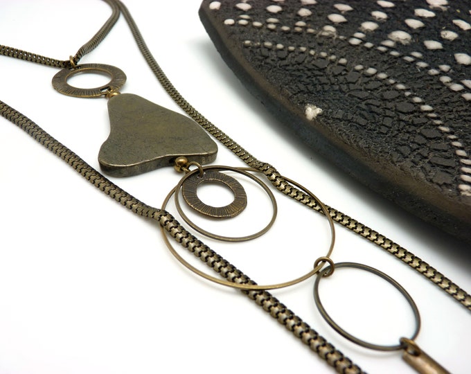 bronze lasso necklace with pyrite stone - long boho chic necklace - PYRITOUZ
