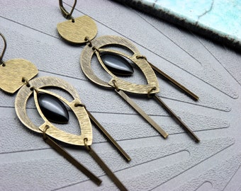 BLACKEYES Brushed metal bronze moon earrings with black enamel Clip-on option