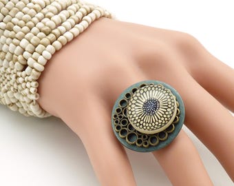 Adjustable blue denim wood and ecru flower NEBULEUSE ring Best seller!