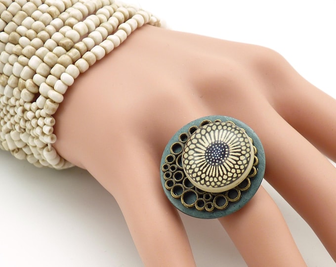 Adjustable blue denim wood and ecru flower NEBULEUSE ring Best seller!