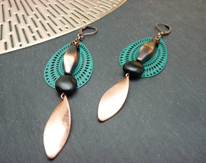 Duck green, copper, black, metal, resin, wood OUJDA clip-on earrings