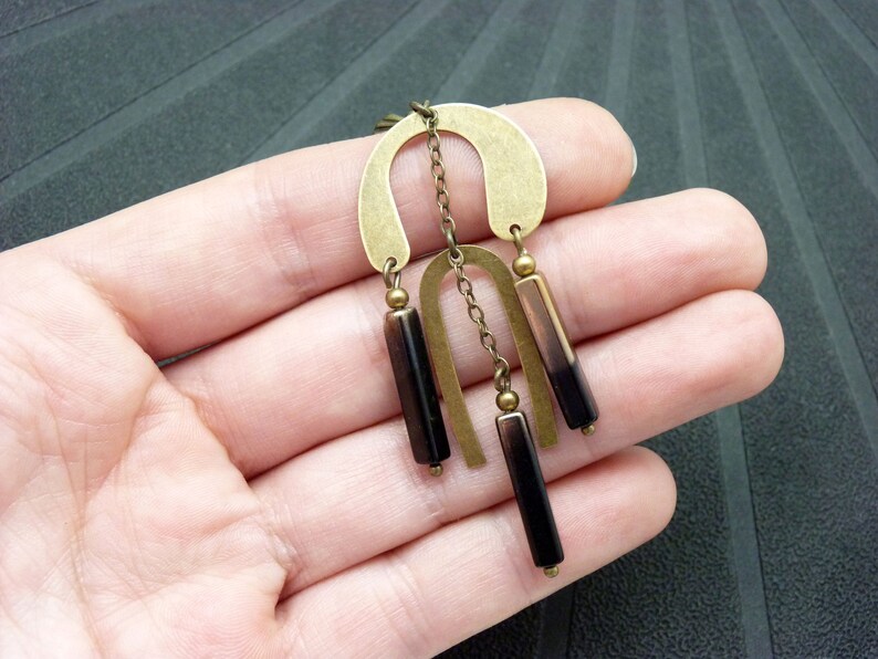 Art deco bronze metal earrings and bi-color black and bronze glass stick MIMI LEMPICKA clip option image 7