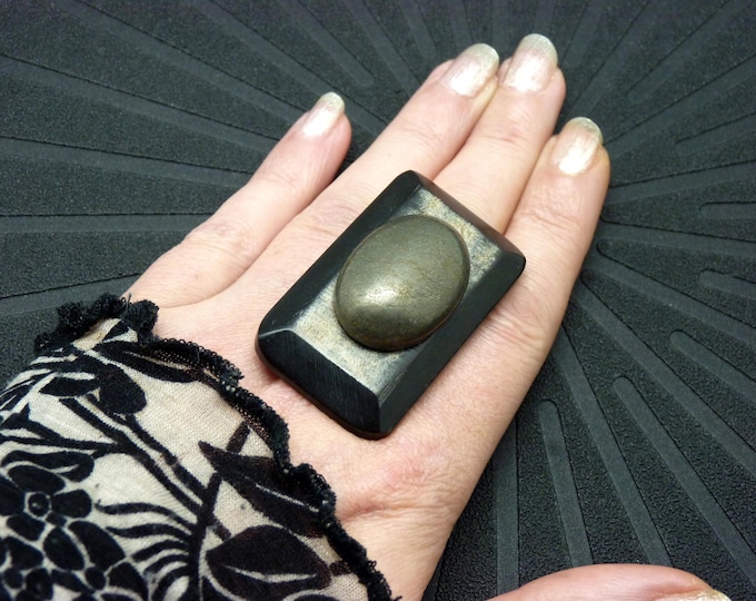 Large rectangular pyrite stone ring in horn - adjustable ring - ethnic jewelry - HARLEM