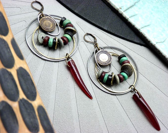 FESTOCHE Large Tribal Hoop Earrings with Red Fang | Statement Jewelry in Wood and Horn | Clip-on Option