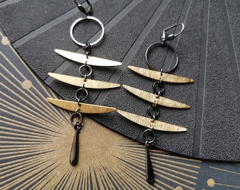 Gun metal and brushed brass ethnic graphic earrings KEEPKOOL Clips option