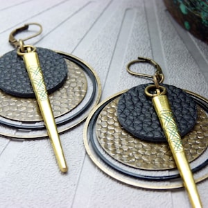 Large ethnic hoop earrings in black leather, bronze and vintage oxidized gold metal KONDOR clip-on option / Best seller!
