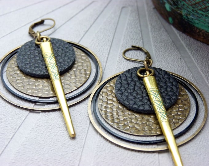 Large ethnic creole earrings in black leather, bronze and vintage oxidized gold metal KONDOR, clips option / Best seller!