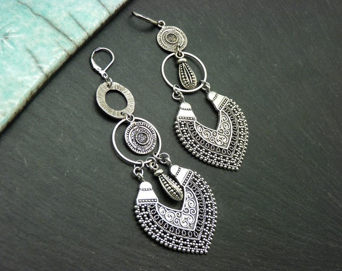Asymmetrical silver earrings - KALIMA - tribal boho - Clip-on option