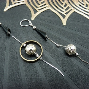 Asymmetrical earrings, silver, black, bronze, lava stone metal COSMOS clip-on option