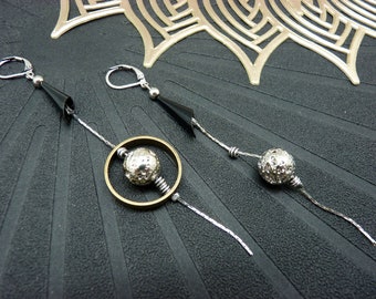 Asymmetrical earrings, silver, black, bronze, lava stone metal COSMOS clip option