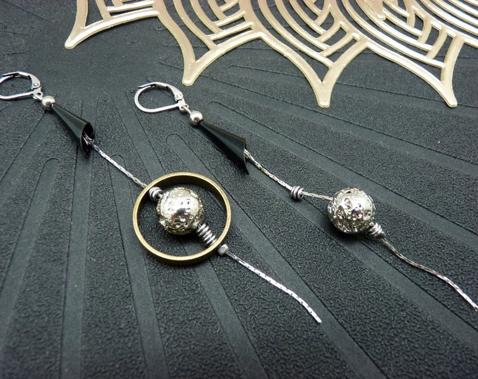 Asymmetrical earrings, silver, black, bronze, lava stone metal COSMOS clip-on option