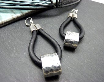 Black leather and hammered silver earrings - graphic, minimal - MAYEM - Clip-on option