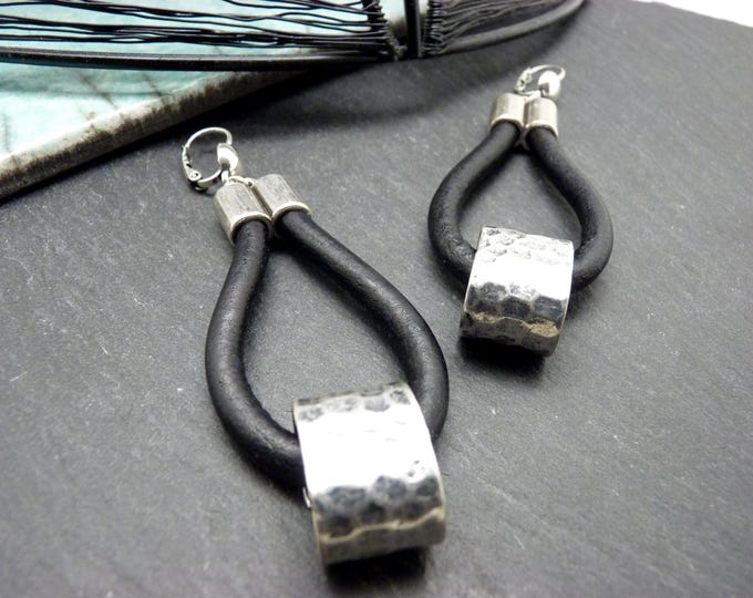 Black leather and hammered silver earrings - graphic, minimal - MAYEM - Clip-on option